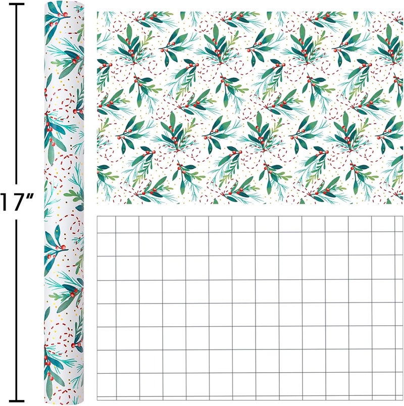 Retrify White Wrapping Paper Roll - Cute Red Berry and Green Leaves Mini Roll Foil Gift Wrap Paper for Christmas Holiday Festive Decoration - 17 Inches x 32.8 Feet - Image 4